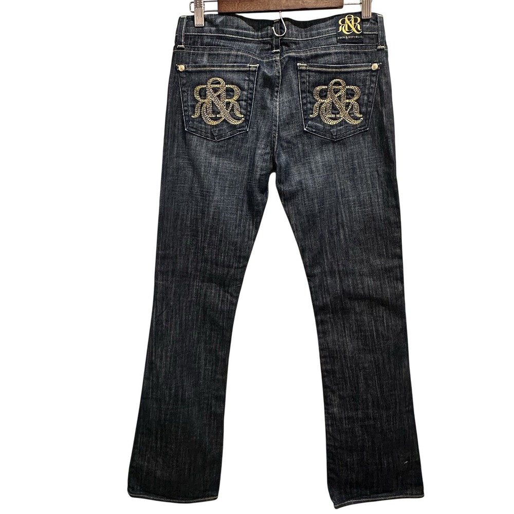 Rock & Republic Kasandra Jeans 27 Dark Wash Gold Logo Bootcut‎ Y2K Retro